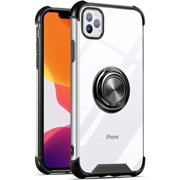 Hoesje Geschikt voor iPhone 12 Mini hoesje silicone met ringhouder Back Cover case - Transparant/Zwart