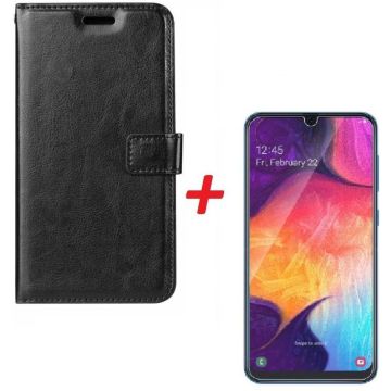 Ntech Samsung Galaxy A40 Portemonnee hoesje Zwart met Glazen screenprotector