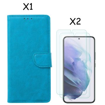 Samsung S22 hoesje Blauw Samsung Galaxy S22 5G hoesje bookcase portemonnee cover - Samsung hoesje S22 - Samsung S22 screenprotector / 2X Beschermglas
