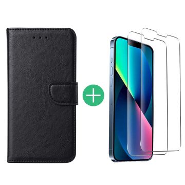 Hoesje Geschikt voor iPhone 13 bookcase met 2 Pack Screenprotector gehard glas – Zwart