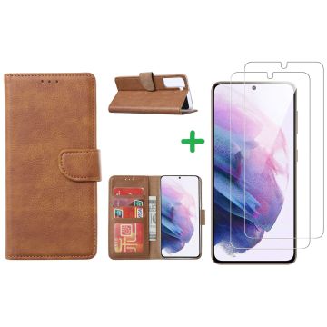 Samsung S21 hoesje bookcase Bruin - Samsung Galaxy s21 hoesje bookcase wallet case portemonnee book case hoes cover hoesjes met 2 stuks Screenprotector