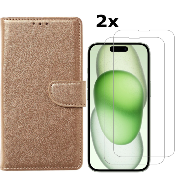 Hoesje Geschikt voor iPhone 15 hoesje bookcase met 2x screenprotector – Goud