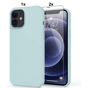 Hoesje Geschikt voor iPhone 13 Mini Soft Nano siliconen Gel Mint Groen Hoesje Met 2X Glazen screenprotector