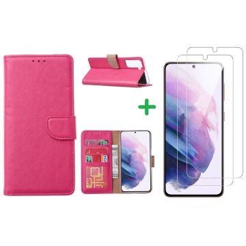 Samsung S21 hoesje bookcase Pink - Samsung Galaxy s21 hoesje bookcase wallet case portemonnee book case hoes cover hoesjes met 2 stuks Screenprotector