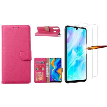 Huawei P30 Lite New Edition Hoesje / P30 Lite portemonnee hoesje Pink / book case met 2 pack screenprotector