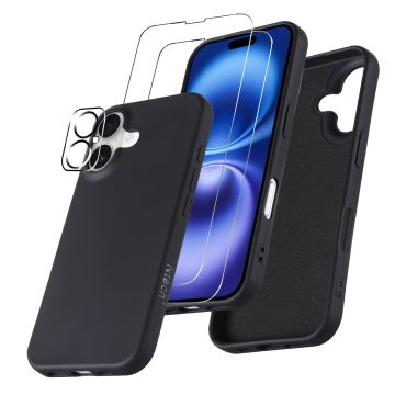 Hoesje Geschikt voor iPhone 16 – Zacht siliconen liquid backcover met 2x screenprotectors gehard glas en 1x lens protector – Zwart