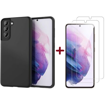 Samsung Galaxy S21 hoesje Zwart siliconen case - Samsung S21 backcover Soft TPU case Met Samsung S21 Tempered Glass Screen Protector - 2 Pack