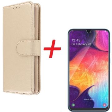 Ntech Samsung Galaxy A40 Portemonnee hoesje Goud met Glazen screenprotector