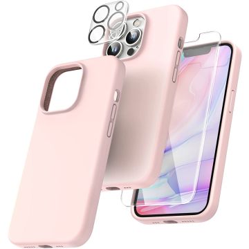 Hoesje Geschikt voor iPhone 14 – Liquid siliconen backcover met 2x glazen screenprotector en camera lens protector – Licht Roze