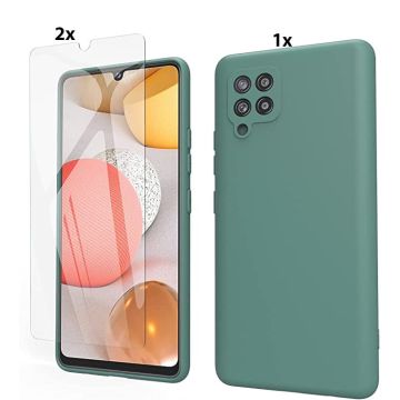 Samsung Galaxy A42 5G Hoesje Soft Nano Silicone Backcover Gel Donkergroen Met 2x Glazen Screenprotector