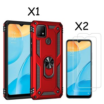 Oppo A15 Hoesje armor Met ring houder Rood - Oppo A15s hoesje / Oppo A35 2021 hoesje met Kickstand TPU backcover hoesje - Oppo A15 / A15s screenprotector 2 pack