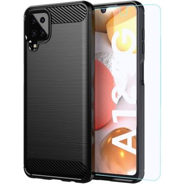Samsung A12 hoesje Geborsteld siliconen Colour TPU Cover Zwart - Galaxy A12 Screenprotector 1 pack