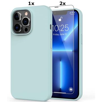 Hoesje Geschikt voor iPhone 13 Soft Nano siliconen Gel Mint Groen Hoesje Met 2X Glazen screenprotector