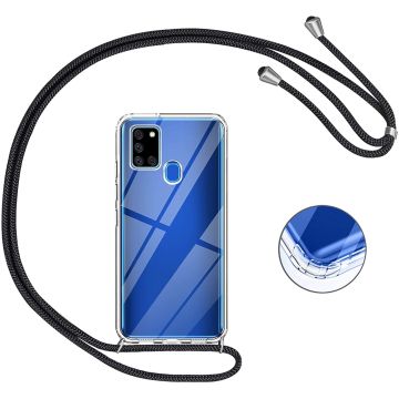 Samsung A21s Hoesje transparant silicone met Koord - Galaxy A21s Koord hoesje draagkoord TPU backcover - Zwart