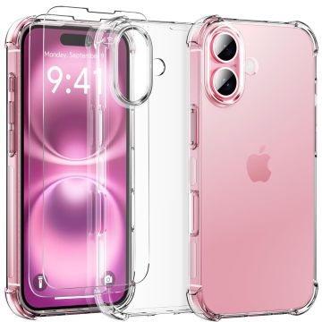 Hoesje Geschikt voor iPhone 16 - transparant Anti Shock silicone hoesje met 2 Pack Screenprotectors tempered glass